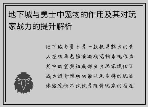 地下城与勇士中宠物的作用及其对玩家战力的提升解析
